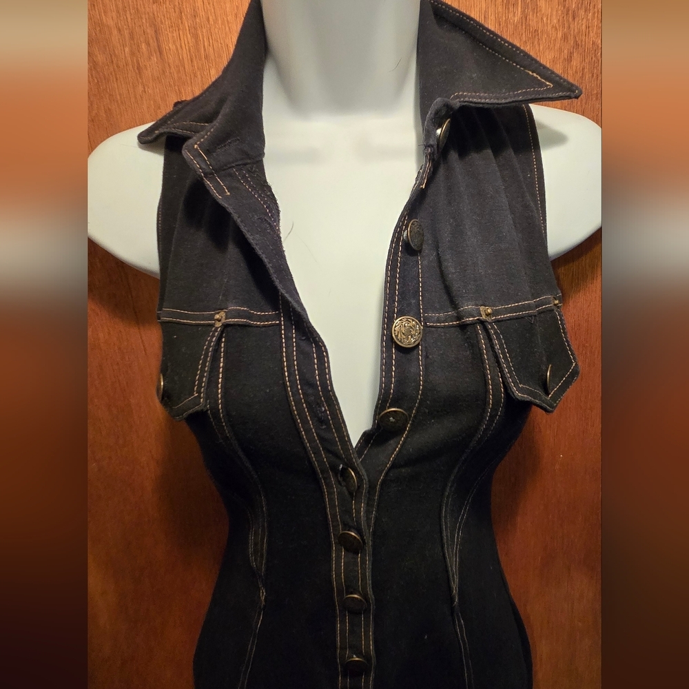 Peep Vintage Denim Look Chic Black Button-Up Stretch Dress SzS - Picture 6 of 10